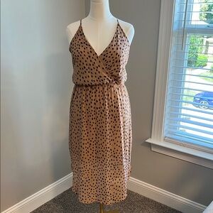Le Lis Brown Tan Wrap Front Midi Dress with Navy Polka Dot Design